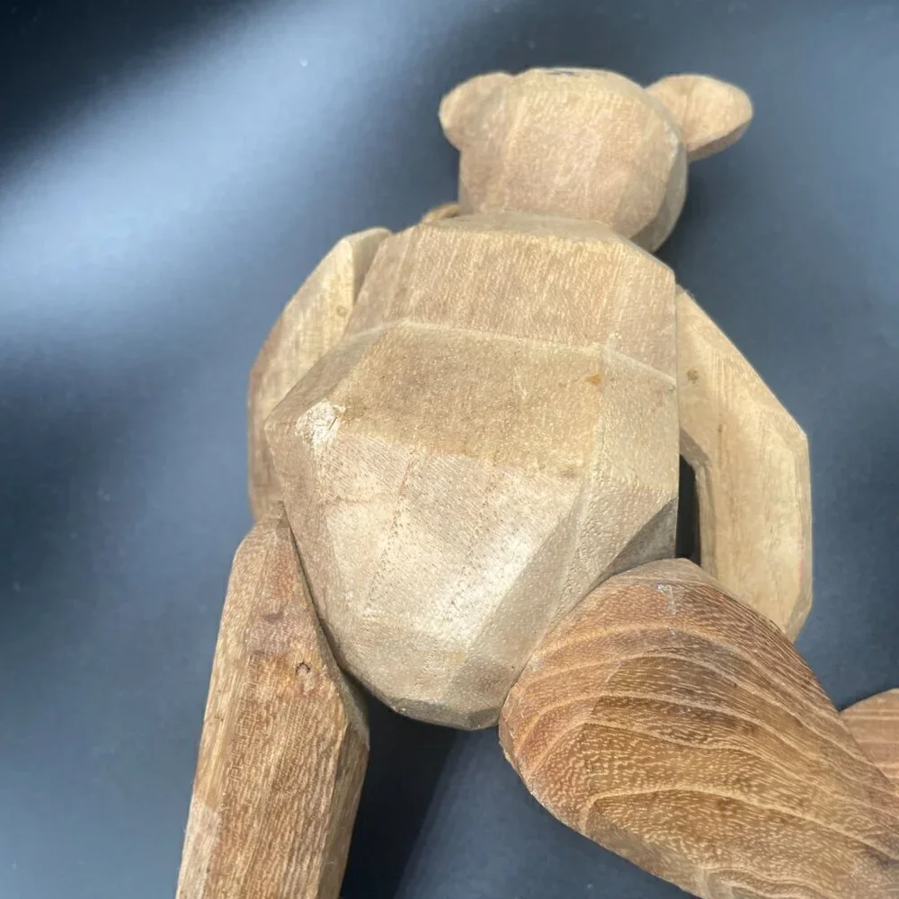 Hand Carved Jointed BEAR W/Tree Wooden Ornament Figure 9